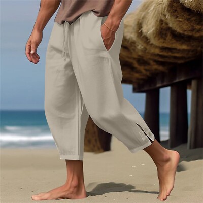 Men's Summer Cotton Linen Drawstring 3/4 Length Pants Casual Baggy Capri Shorts