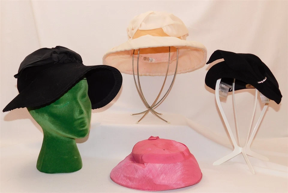 LOTE de sombreros de colección para mujer sombrerería 4 piezas lana fieltro ala ancha negro rosa melocotón Derniere Foto 3 de 4