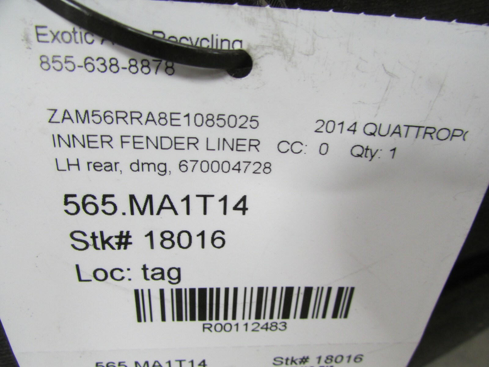 2014 Maserati Quattroporte, LH, Rear Inner Fender Liner, Damaged P/N 670004728