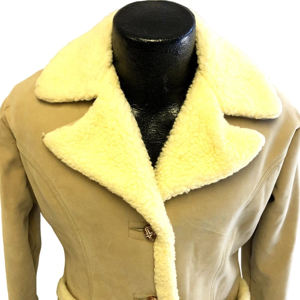 Vtg 70's Town N Ranch 米色 SHERPA 衬里人造绒面革西部夹克冬季外套 M — 第 2/4 张图片