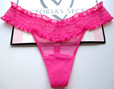 VICTORIA'S SECRET Smocked Lace Thong Panty VS Pink S M Ruffle Mesh NWT