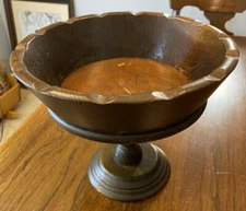 Vintage Scalloped Edge Wood Compote Footed Pedestal Bowl Dish For Fruit/Nuts