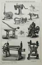1887.Antica Xilografia:MACCHINE PER LA LAVORAZIONE DELLA LAMIERA VARIE Brockhaus