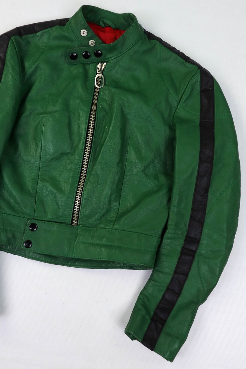 80s Vintage Girls HARRO Green Leather Moto Racing Cropped Biker