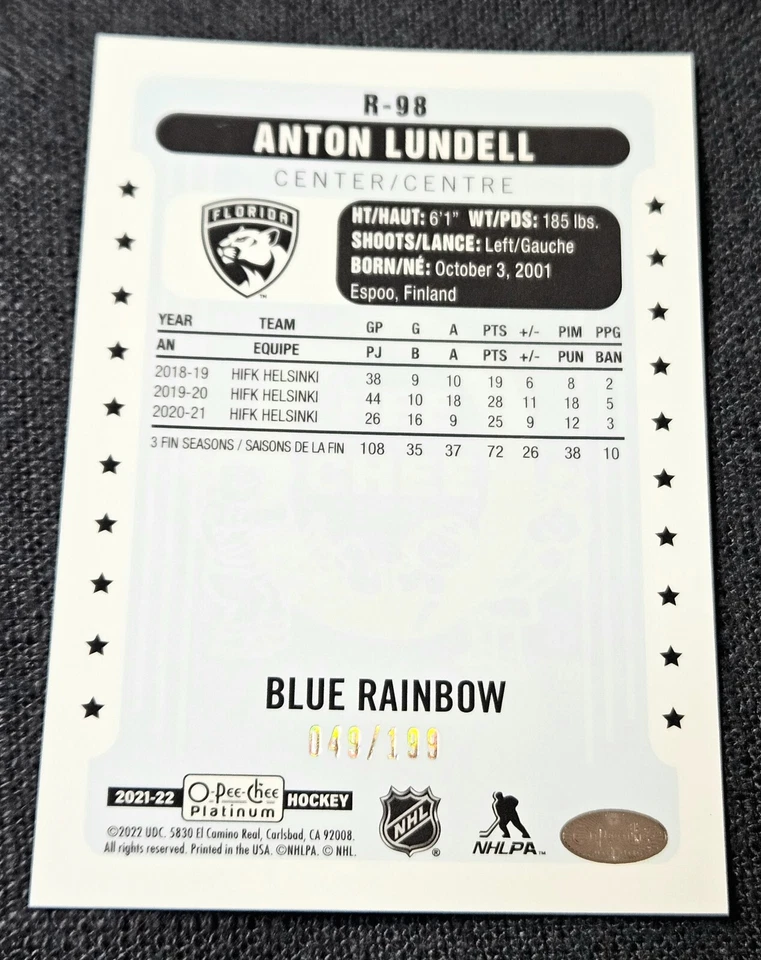 2021-22 OPC O-Pee-Chee Platinum Blue /199 Rainbow Retro Anton Lundell Rookie RC - Image 2 of 2