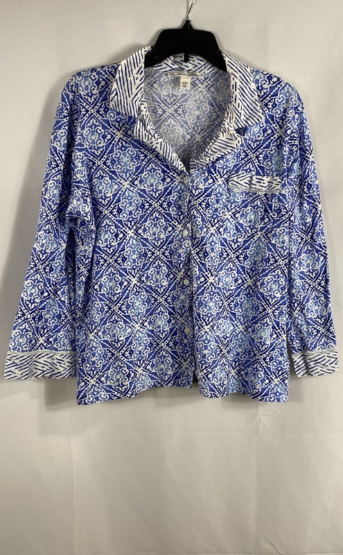 Oscar de la Renta Women's Blouse Blue White Tile Print Cotton Button Up Sz XL