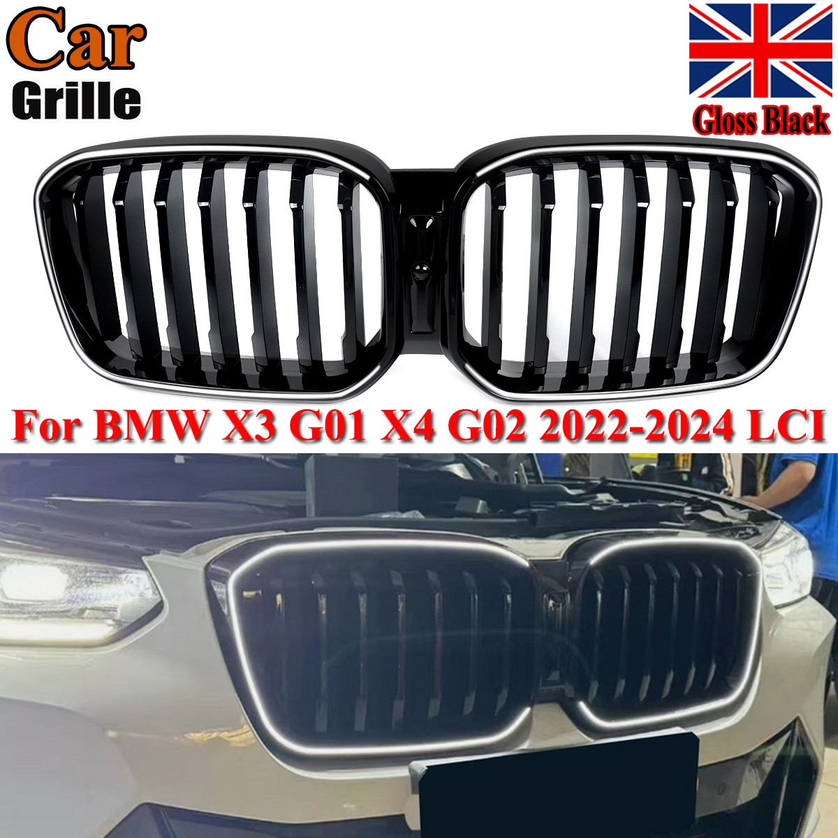 GLOSS BLACK SINGLE SLAT FRONT GRILLE GRILL W/ LED LIGHT FOR BMW X3 G01 LCI 22-24