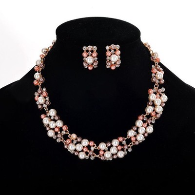Jewelry Set For Women Imitation Pearl Wedding Bridal Necklace Earrings Crystal