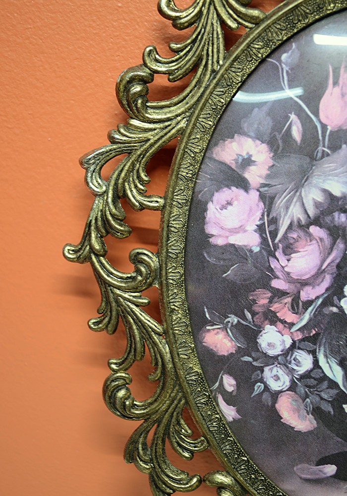 Vintage Italian Floral Print With Convex Bubble Glass Ornate Brass