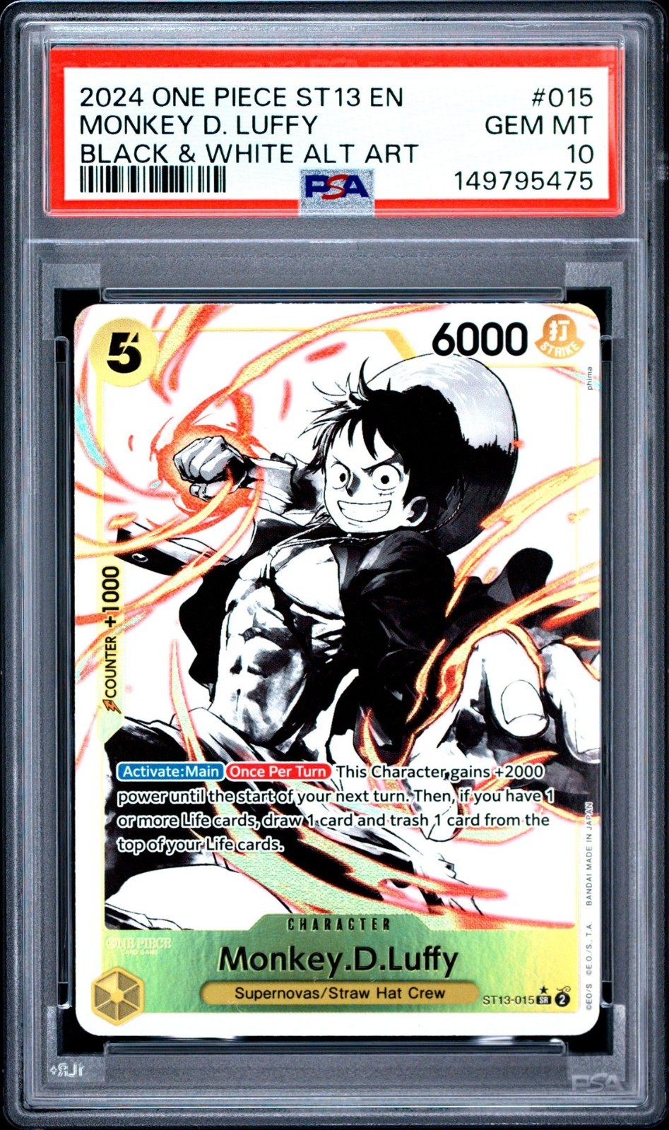 2024 One Piece ST13 EN Monkey D Luffy Black & White Alternate Art #015 PSA 10