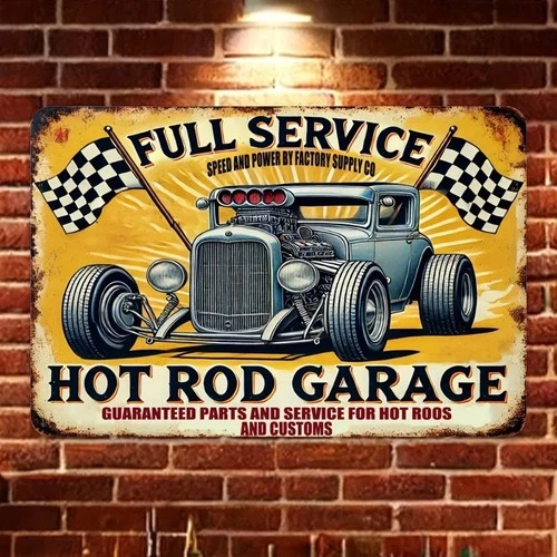 Tin Metal Signs Home Décor Vintage 'Hot Rod Garage' Full Service & Factory Powe