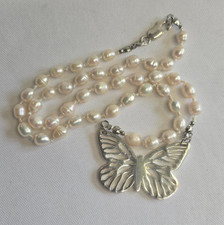 Sterling Silver Butterfly Pearl Necklace 26.9g Jewelry 20" Hand Knotted READ 