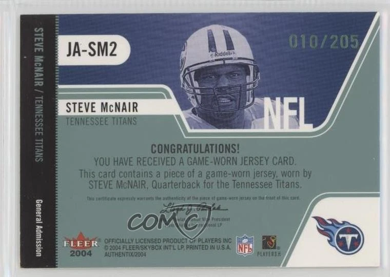 2004 Fleer Authentix Jersey General Admissions Green /205 Steve McNair #JA-SM2 - Image 2 of 2