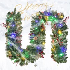 Image of 9FT Lighted Christmas Garland with 50 LED Lights, Red Berries & Pine Cones