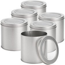 6 Pack 17 Oz Silver Round Metal Tins Canister Window Top Lid Kitchen Container