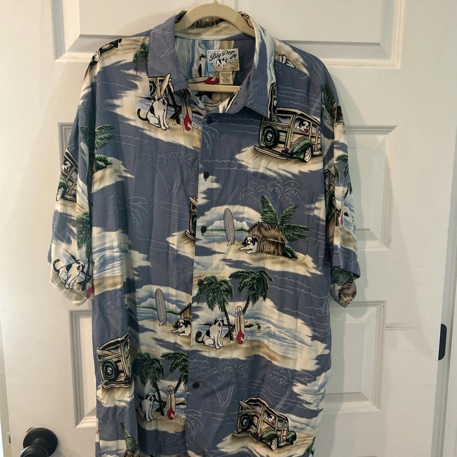 Big Dogs Shirt Mens XL Hawaiian Travel Dog Rayon Button-Up Casual