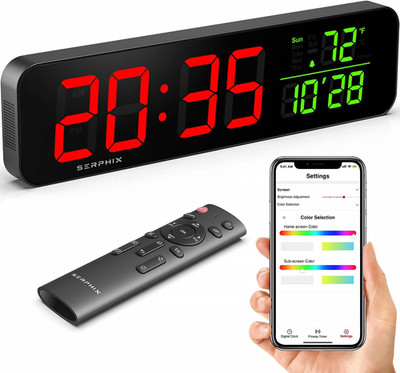 15.2'' Gym Timer, App & Remote Control, Customizable LED Colors, Temperature, Dat