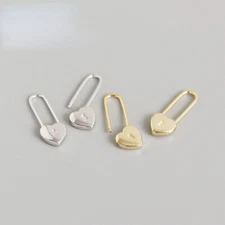 Genuine 925 Sterling Silver Stylish Heart Lock Safety Pin Style Clip On Earrings