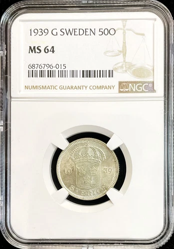 1939 G SILVER SWEDEN 50 ORE GUSTAF V COIN NGC MINT STATE 64