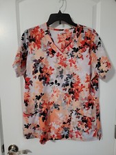 JOCKEY Floral Pattern Peach Gray Black White Women's Scrub V Neck Top Large