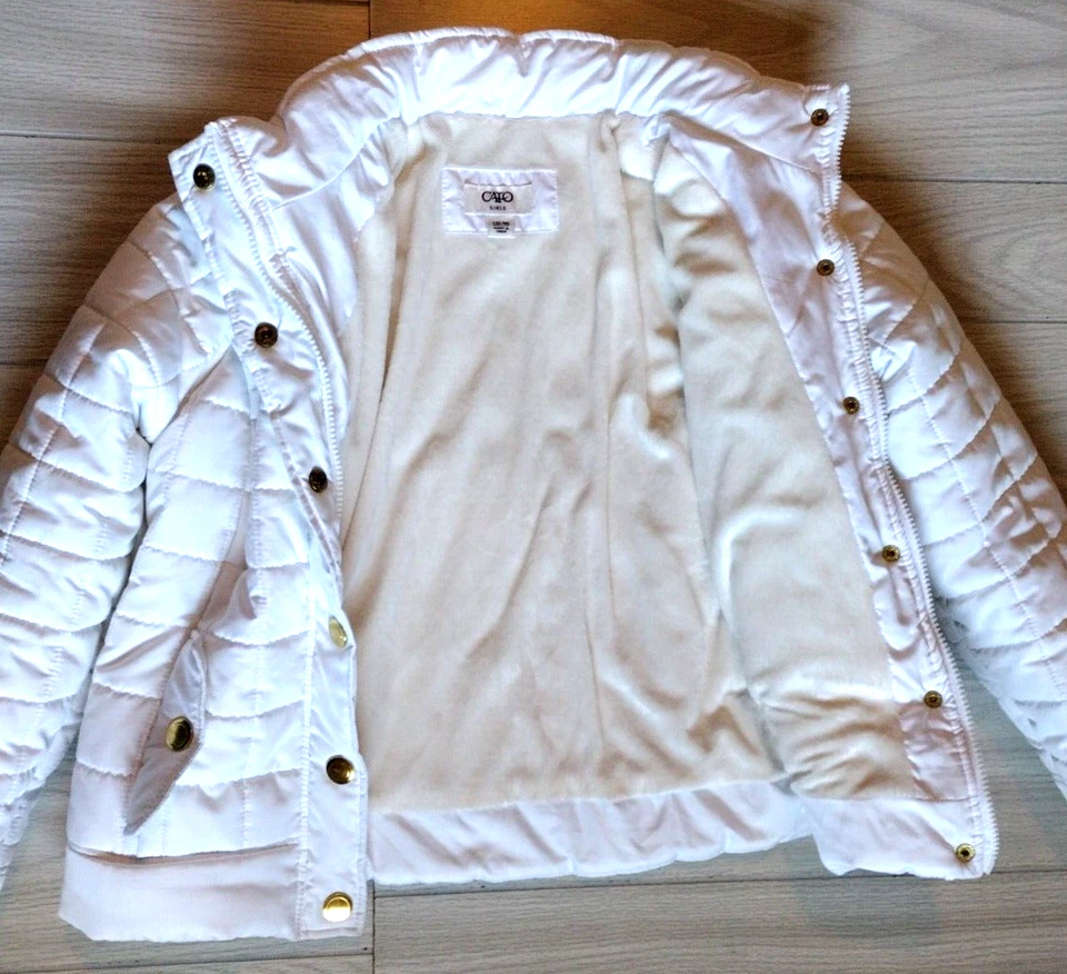 Chaqueta acolchada Cato para niñas con capucha extraíble de piel sintética, talla L (12/14), blanca Foto 3 de 4