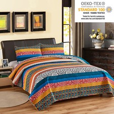 luxury Boho Stripe Quilt Bedspread Reversible 3Piece Bohemian Design Bedding Set