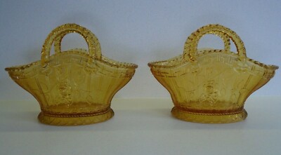 Pair 2 antique 1890s DAVIDSON Pressed Glass Basket Bowls 234 Yellow Amber MARKED