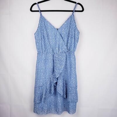 Womens Leopard Print Dress Ruffle Size Small Faux Wrap Lined Blue