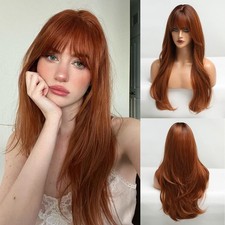 Long Auburn Wig with Bangs Layered Curly Orange Wigs for Women Natural Synthe...