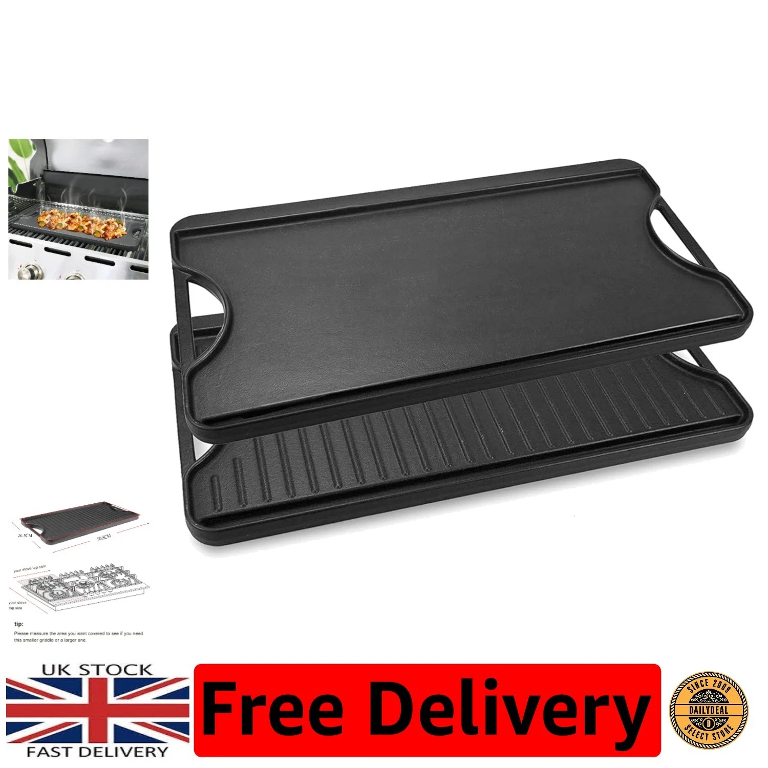 Durable Nonstick Cast Iron Griddle Plate - 51CM for Gas, Charcoal, Oven Cooking