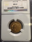 1912 - US Gold $5 Indian  Half  Eagle - NGC MS 61 - No Reserve - True Auction