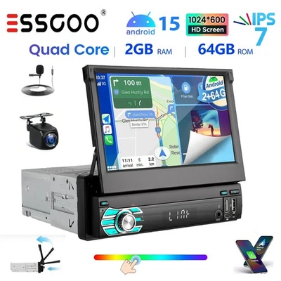 64GB Android 15 CarPlay 1 DIN 7 Zoll Flip Out Auto Radio GPS RDS FM WiFi MIK KAM - Bild 1 von 4