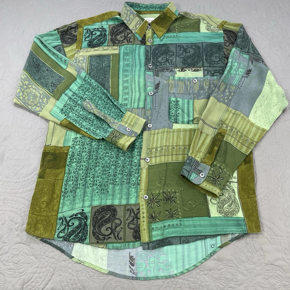 Camisa St Croix Tejida Botón Para Hombre Mediana Verde Paisley Geométrica Viscosa Parche Foto 2 de 4
