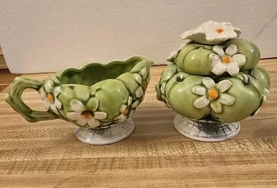 Vintage 1967 Inarco Japan Daisy Flower Green Apple Cream & Sugar Set Excellent 
