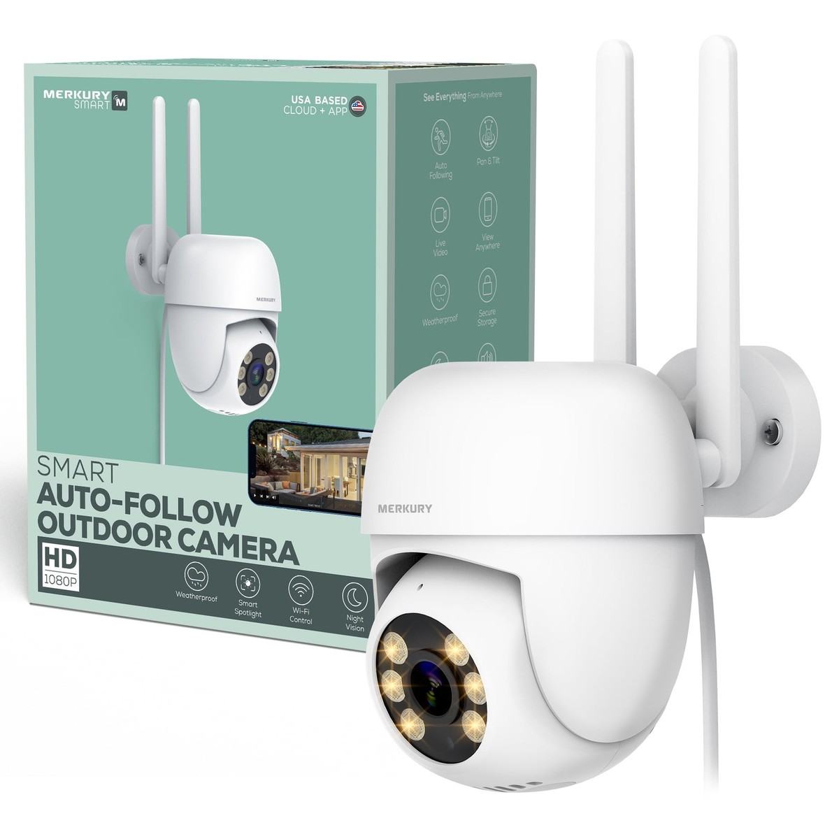 Merkury Smart MI-CW059-199W Outdoor Auto-Follow Camera, Wi-Fi PTZ