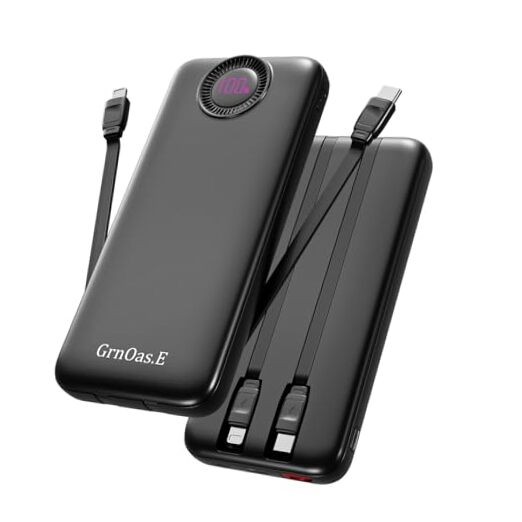 22.5W Max Power Bank with Built-in Cables 10000mAh Pearl Black Portable Charger