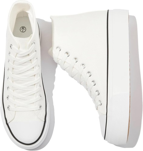 POVOGER Platform Sneakers for Women Fashion High Top Canvas Shoes 8, White