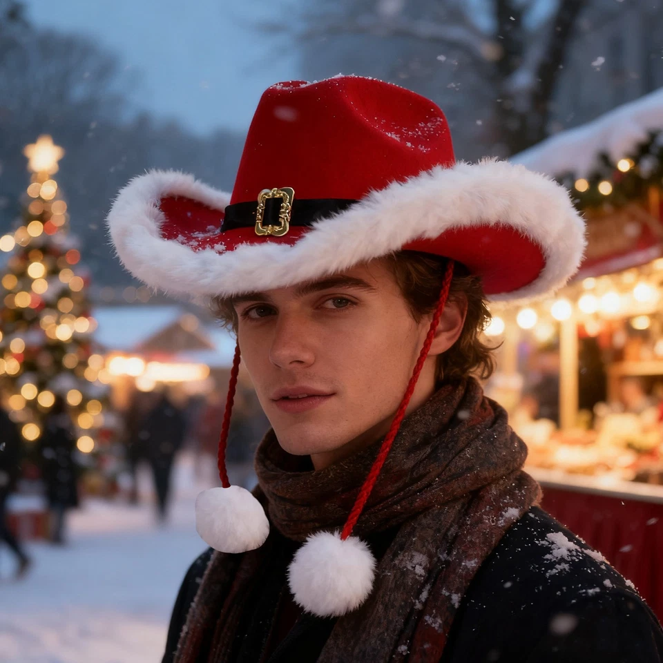 Christmas Hat White Pom-Poms Headwear White Plush Trim Cowboy Hat for Men - Image 3 of 4