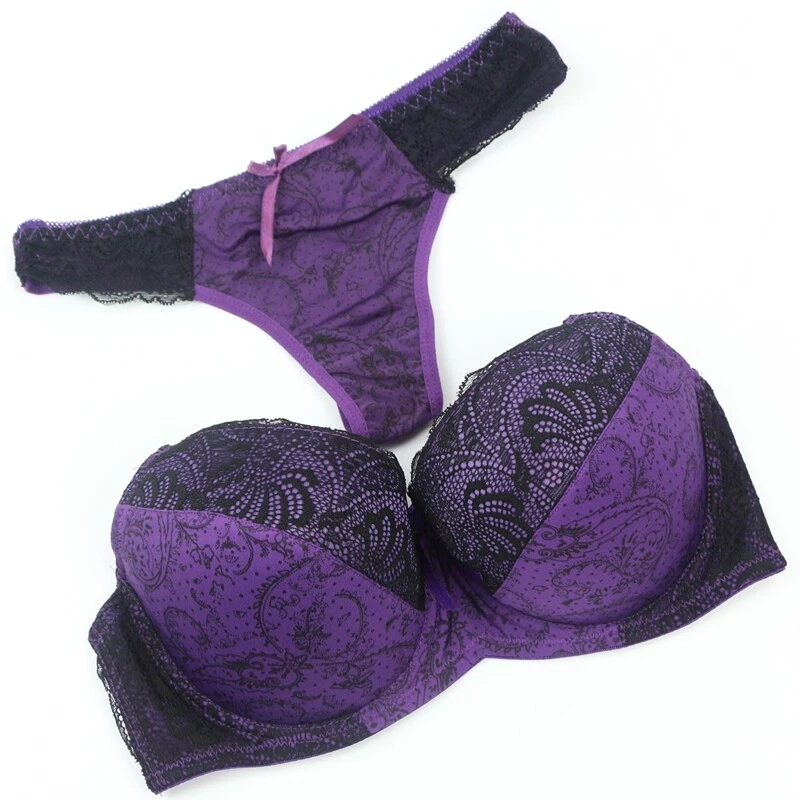 Purple, 90B) Womens Sexy Lace Floral Padded Bra set Ladies Underwear sets  32-42 B-C-D-DDE on OnBuy