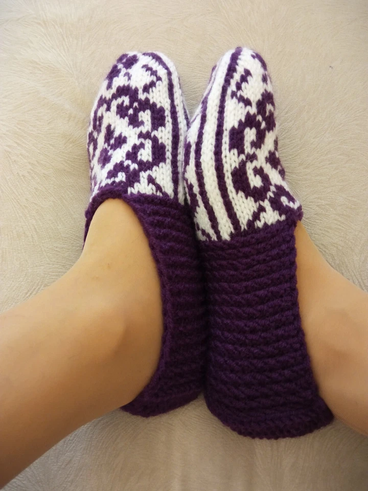 紫色女式手工针织拖鞋袜/7-9 美国尺码/舒适家居鞋/手工礼品 — 第 4/4 张图片