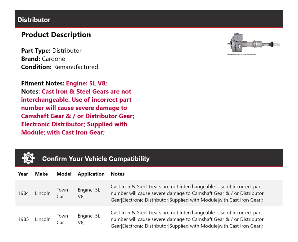 For 1984-1985 Lincoln Town Car 5L V8 Distributor Cardone - Image 2 of 4