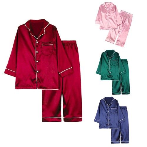 2-piece Girls Boys Silk Satin Pajamas Sleepwear Long Sleeve Nightwear Outfits AU