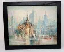 Vintage Oil Painting ABSTRACT CITY SCENE Signed AXTON
