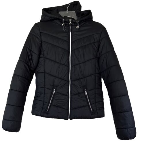 Black Puffer Jacket Hooded Full Zip W/Pockets Bershka Womens Sz Medium - 第 1/13 張圖片