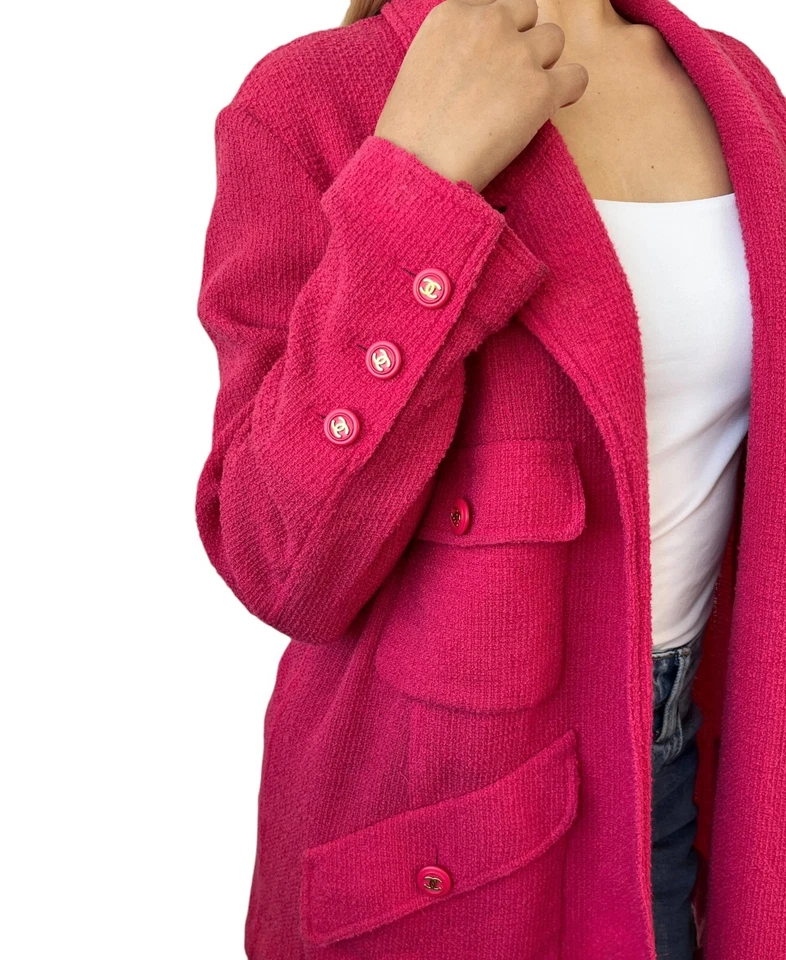 Chaqueta CHANEL Vintage Marca CC Logo Frente Abierto Tweed Botón Lana Nylon Rosa Foto 3 de 4