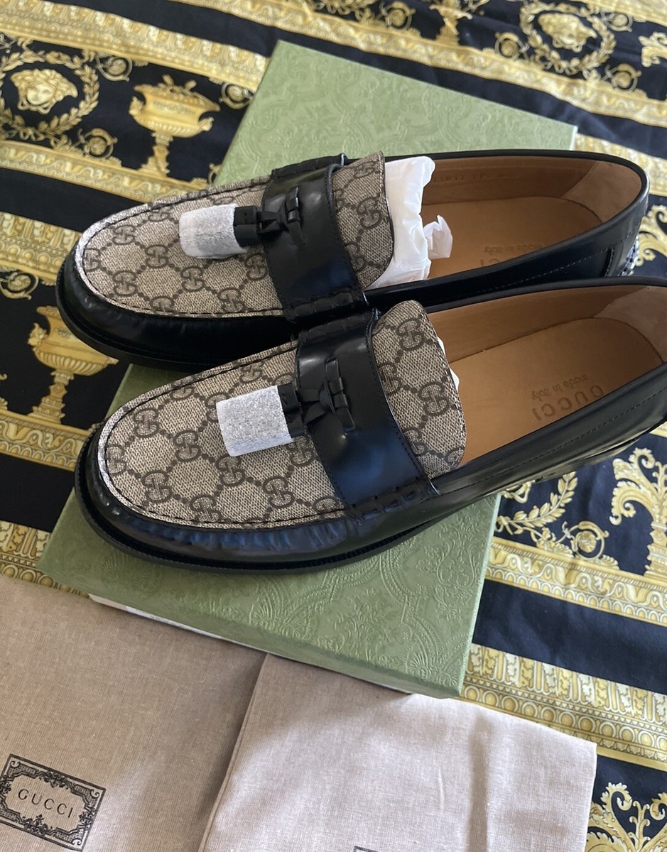 New Auth Gucci Leather Monogram GG Supreme Tassel Loafers  display picture 2