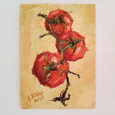 Tomatoes on a Branch Painting Original Oil Still Life Modern Small Wall Artwork