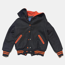 Vintage 70s 80s Holloway Wool Size Large Letterman Jacket Black Orange USA