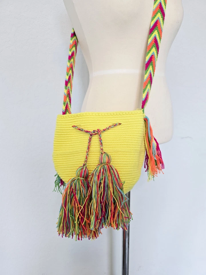 Колумбийский подлинный 100% богемный ручной работы Wayuu Mochila сумка - желтый мини - Изображение 4 из 4
