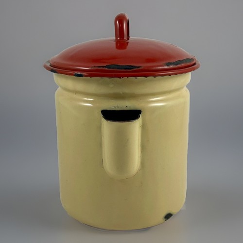 Vintage 1940s Enamel Coffee Pot Tan With Red Lid And Trim - Picture 4 of 19